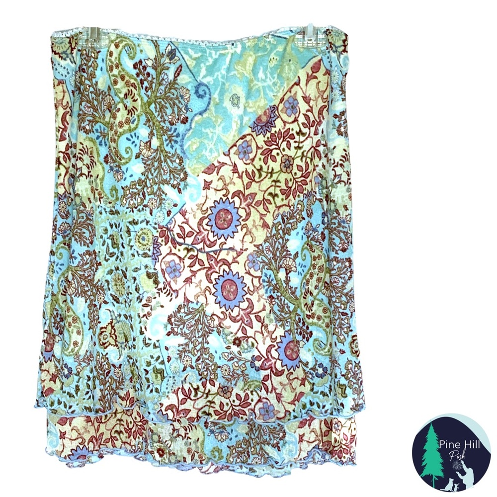 Vintage Mini Skirt Handmade Size Small Medium Blue Ivory Floral Paisley Stretch